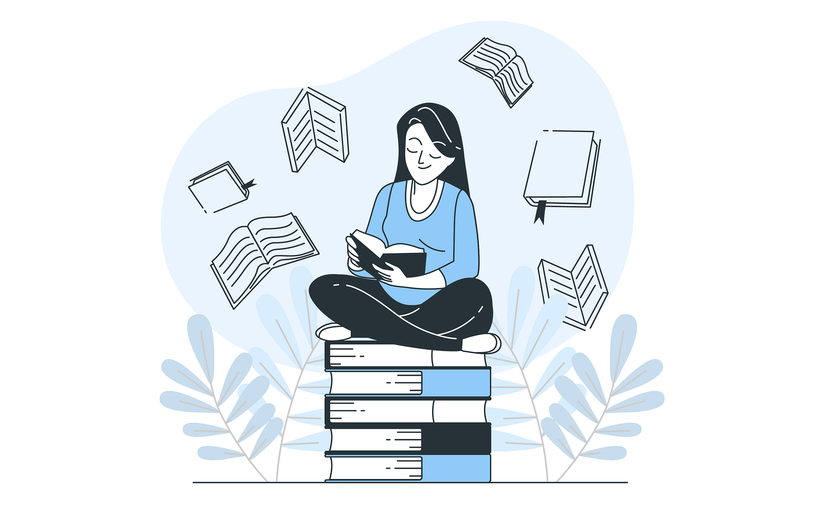 Illustration of a woman reading on a stack of books
